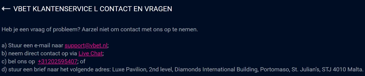 VBet Casino Klantenservice
